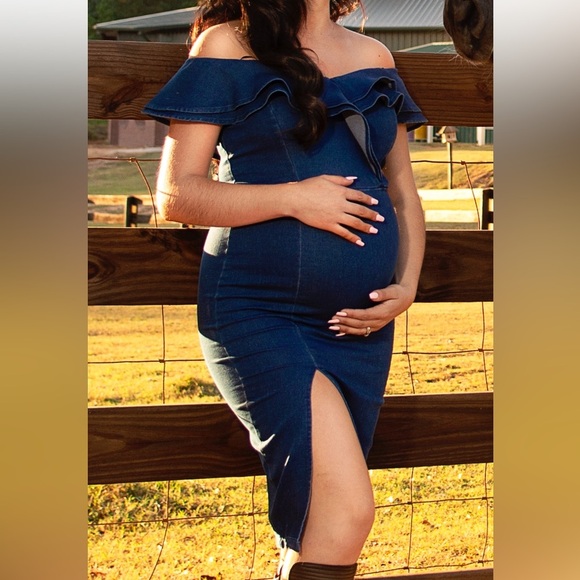 Bump Biddy Denim Maternity Dress Blue Jean Small Ruffle - Picture 3 of 4